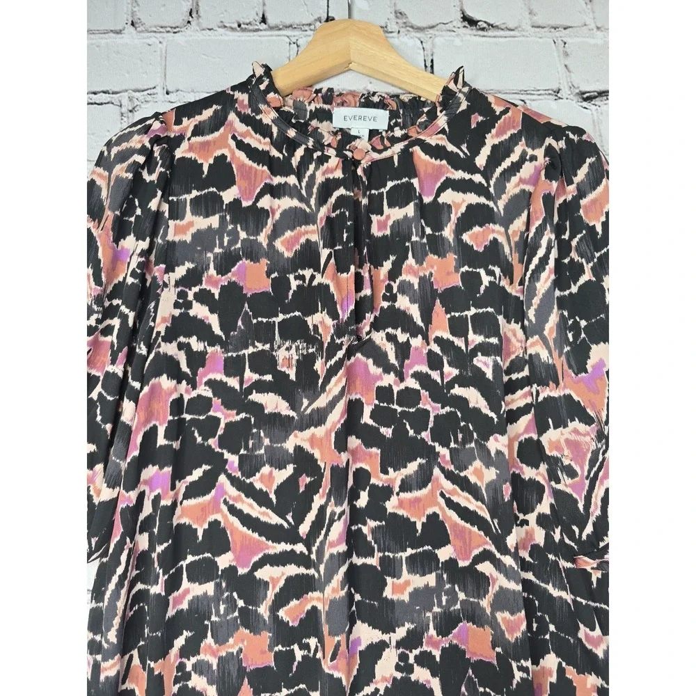 Evereve Blouse Large L Abstract Floral Print Ruffle High Neck Short Sleeve Top - Picture 2 of 10
